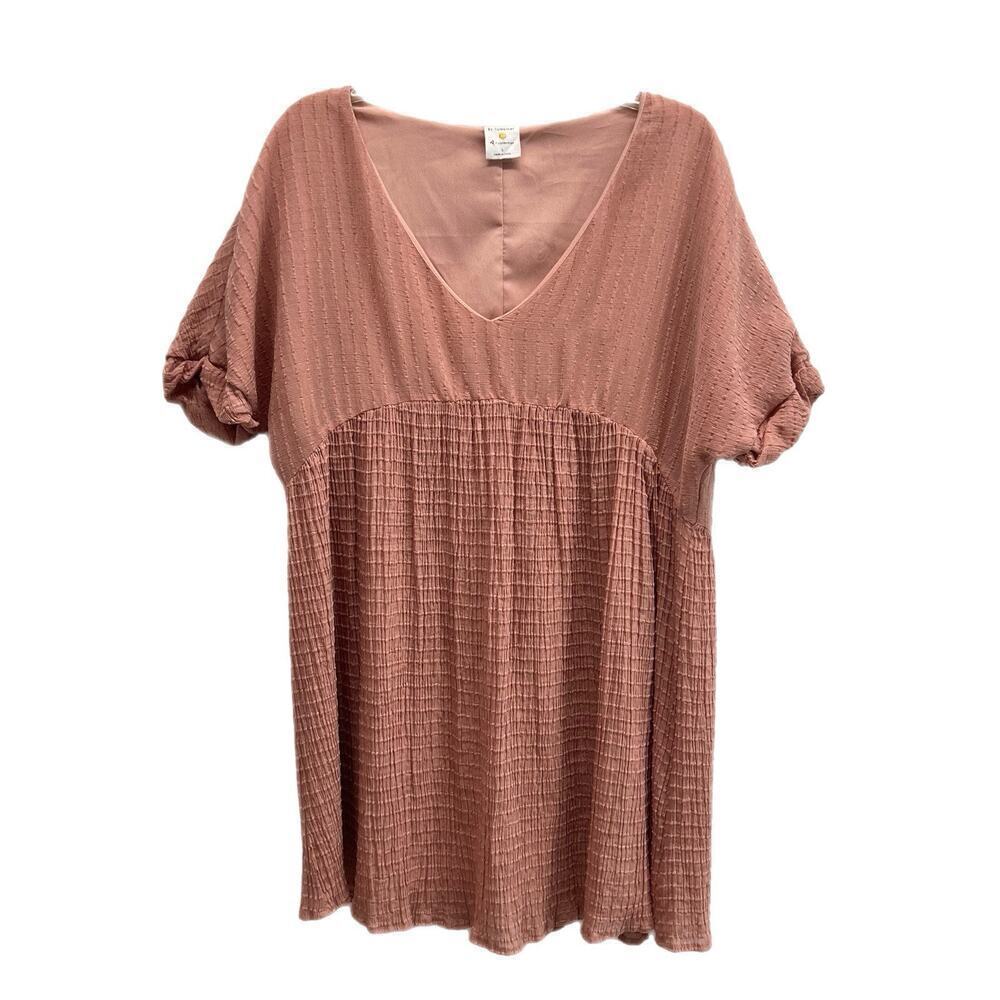 By Together Plunging V Neck Babydoll Mini Dress Small Peach Lined Textured